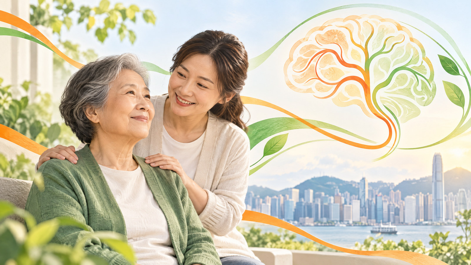 長者與家人相伴，背景以橙綠流線象徵腦部血流與中風健康關注